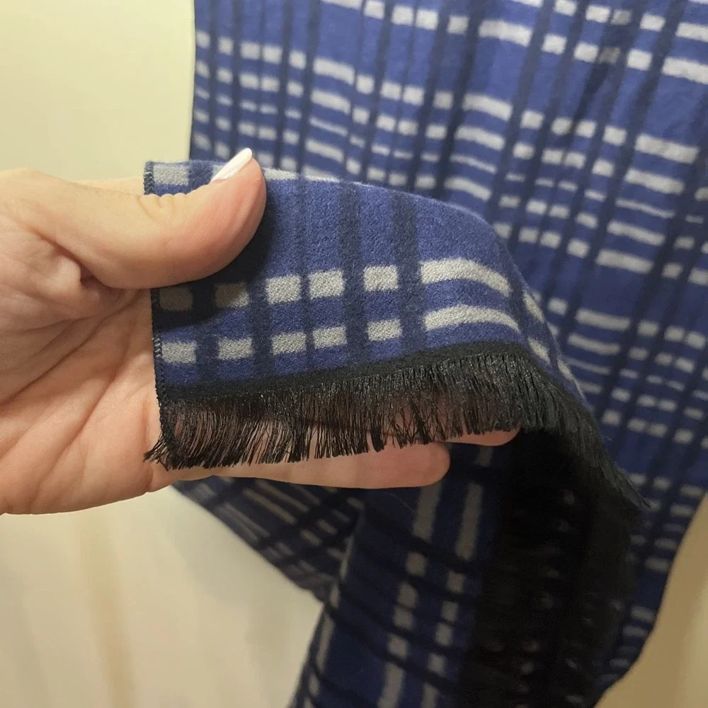 English Laundry Felt Silk‎ Scarf Navy Blue Plaid Fringe 70